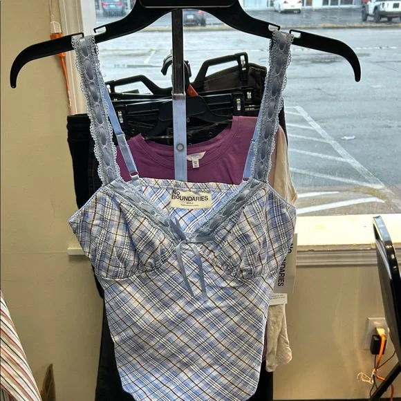 No Boundaries Light Blue Plaid Camisole with Lace - Picture 1 of 6
